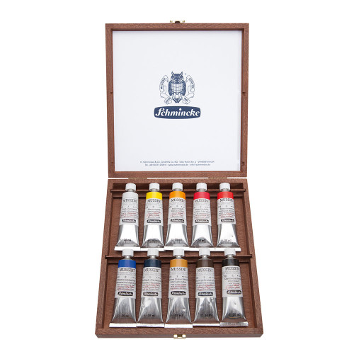 SCHMINCKE MUSSINI OIL PAINTS WOODEN BOX, 10 X 35 ML