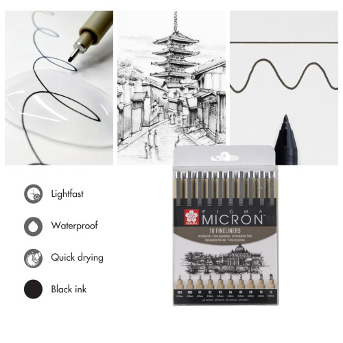 SAKURA PIGMA MICRON 10 FINELINERS THIN PENS BLACK-POXSDKB10