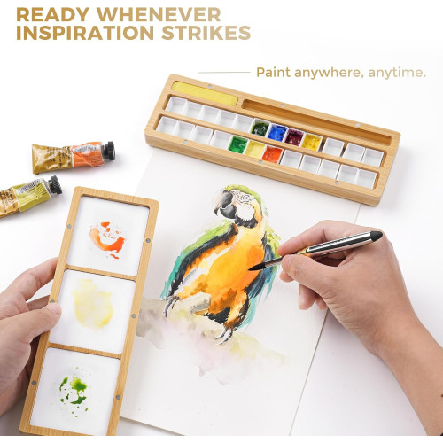 FUUMUUI Wooden Empty Watercolor Box (24 Colors) with Brush