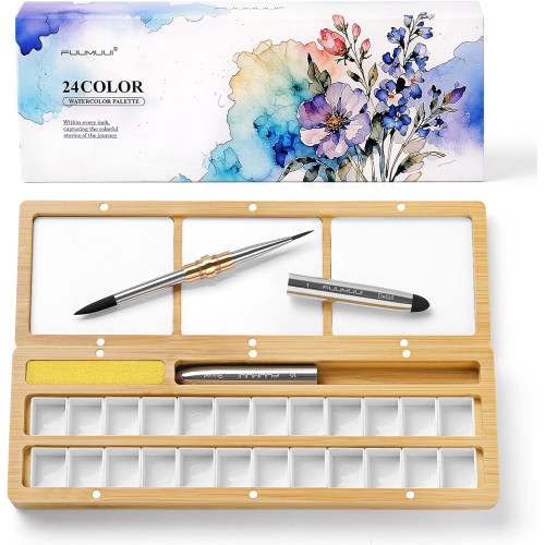FUUMUUI Wooden Empty Watercolor Box (24 Colors) with Brush