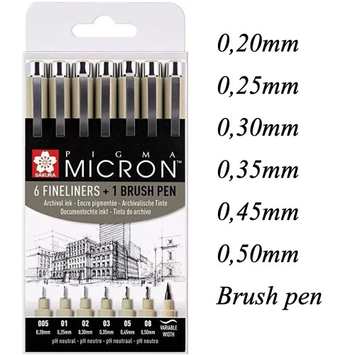 SAKURA PIGMA MICRON PIGMENT FINE LINERS 6PCS. + BRUSH PEN