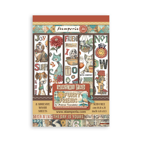 STAMPERIA FURRY FRIENDS WASHI PAD 8 SHEETS A5 - SBW25